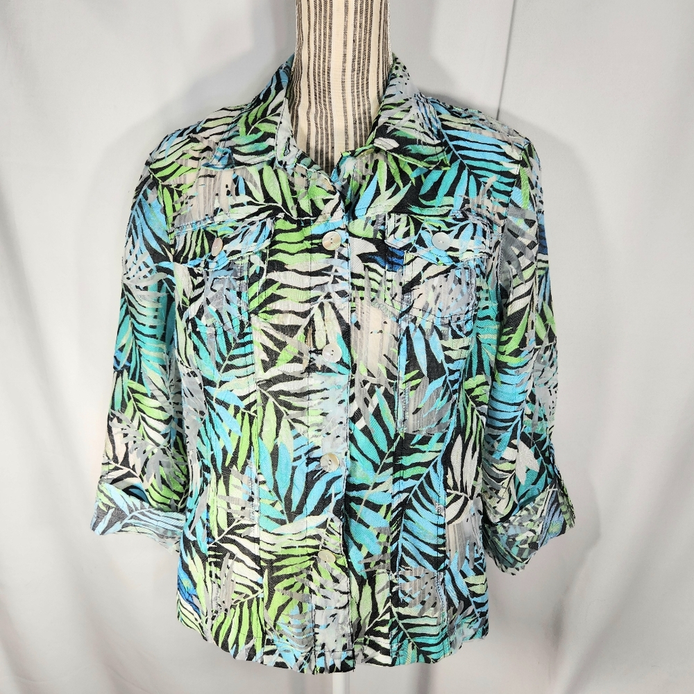 Ruby Rd Multicolor Fern Print Mesh Cut Out 3/4 Tab Sleeve Button Down Top Sz 12